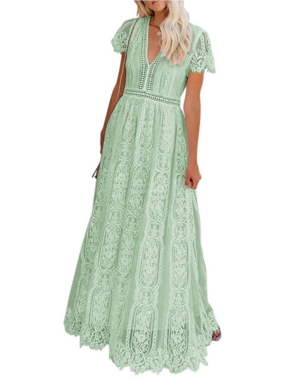 MEROKEETY Womens 2XL Sage Green Lace Maxi Dress V-Neck Short Sleeve